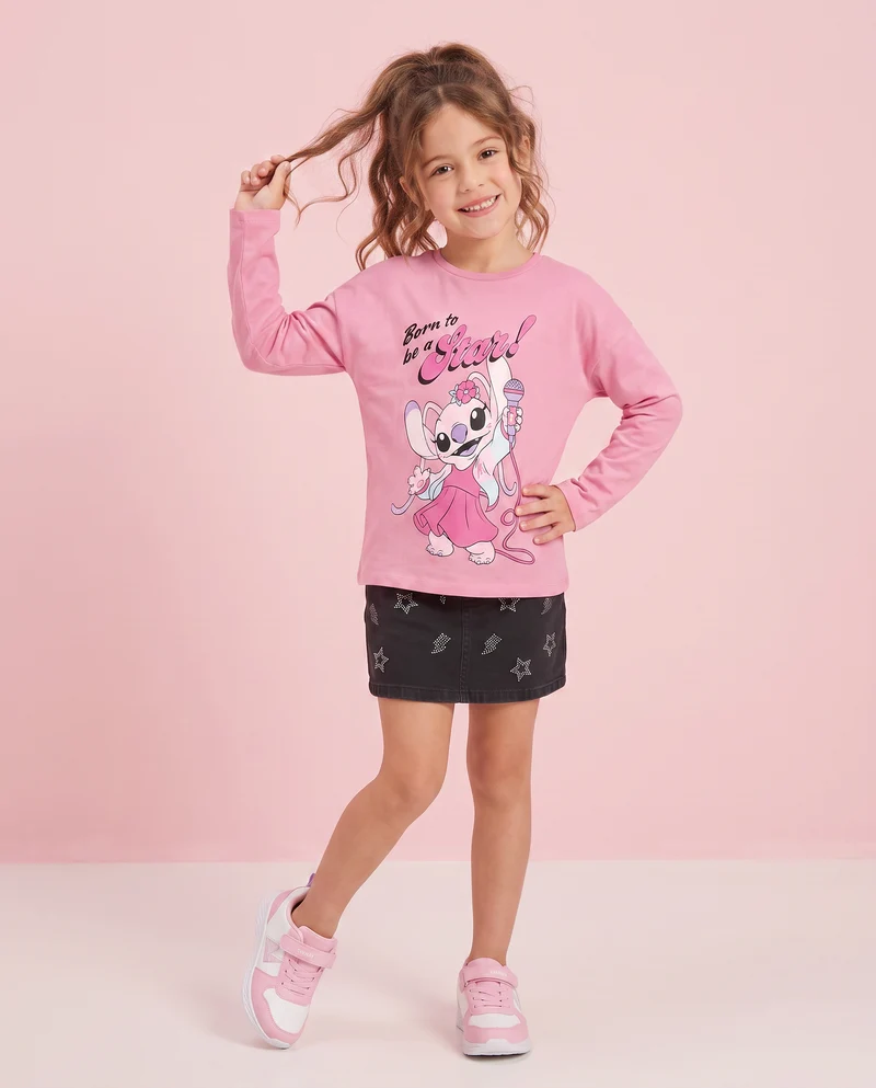 T-shirt manica lunga Stitch/Angel in cotone - Rosa candy