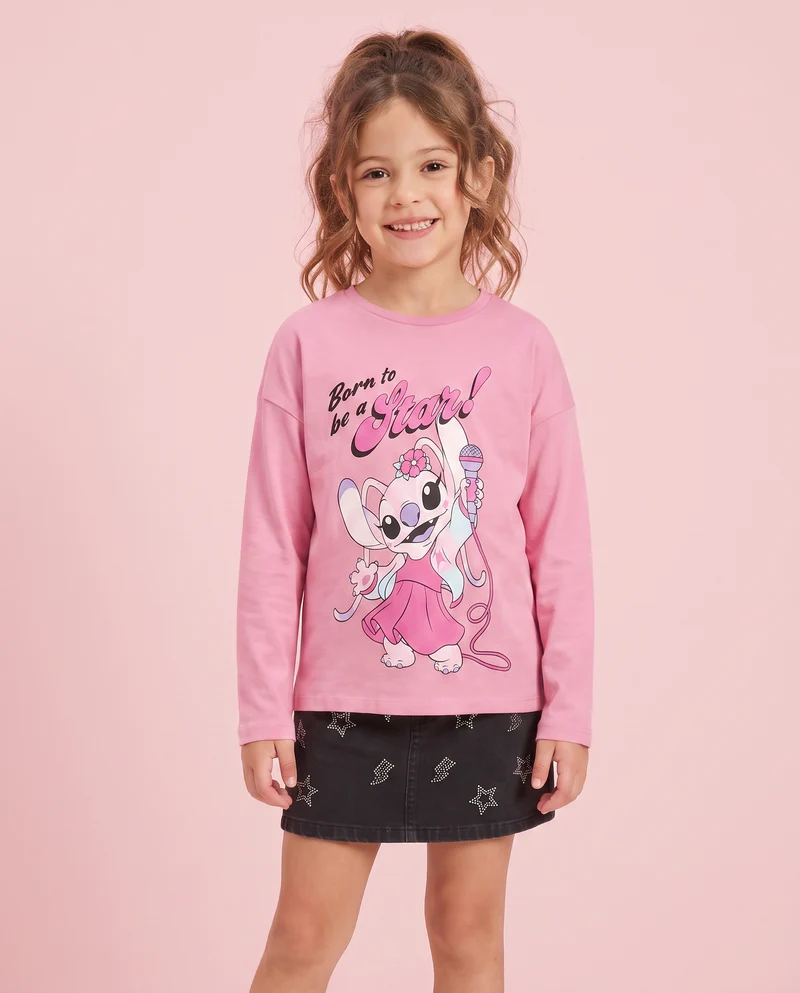 T-shirt manica lunga Stitch/Angel in cotone - Rosa candy