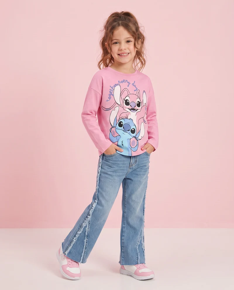 T-shirt manica lunga Stitch/Angel in cotone - Rosa
