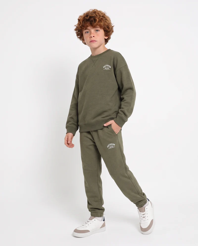 Felpa girocollo minimal con stampa e spacchetti - Verde militare