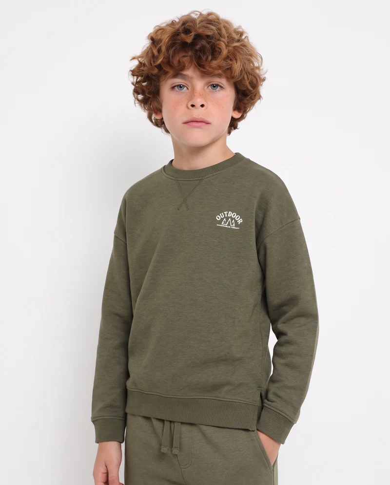 Felpa girocollo minimal con stampa e spacchetti - Verde militare