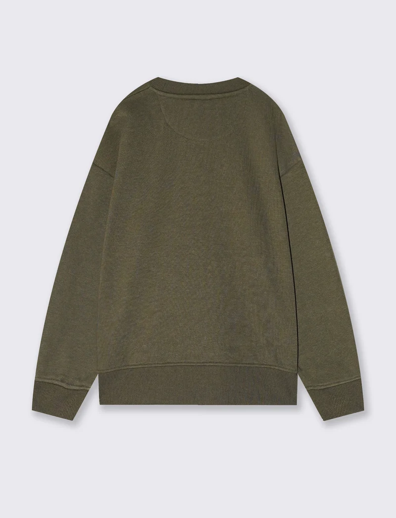 Felpa girocollo minimal con stampa e spacchetti - Verde militare