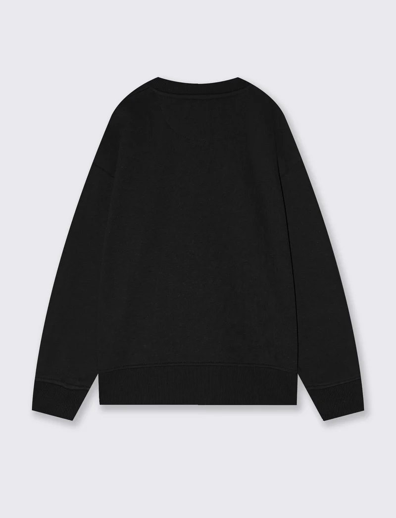 Felpa girocollo minimal con stampa e spacchetti - Nero