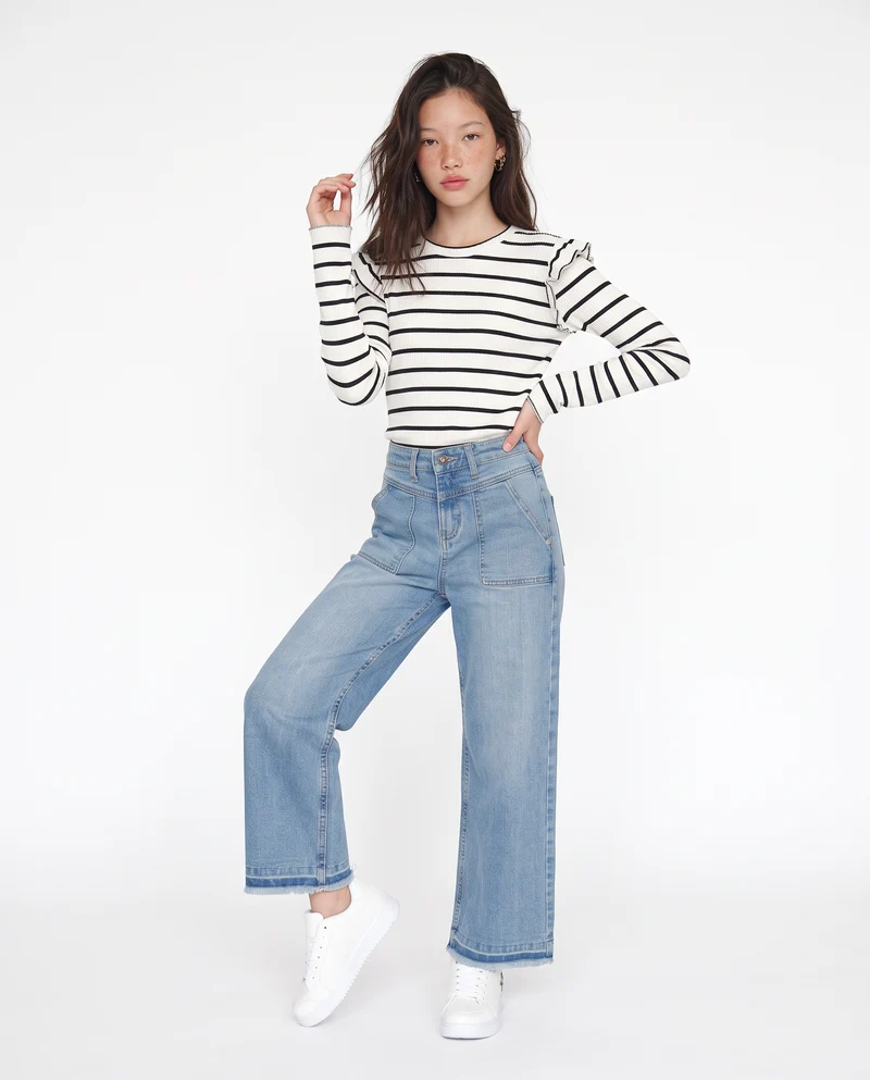 T-shirt a righe con rouches eleganti - Bianco-grigio