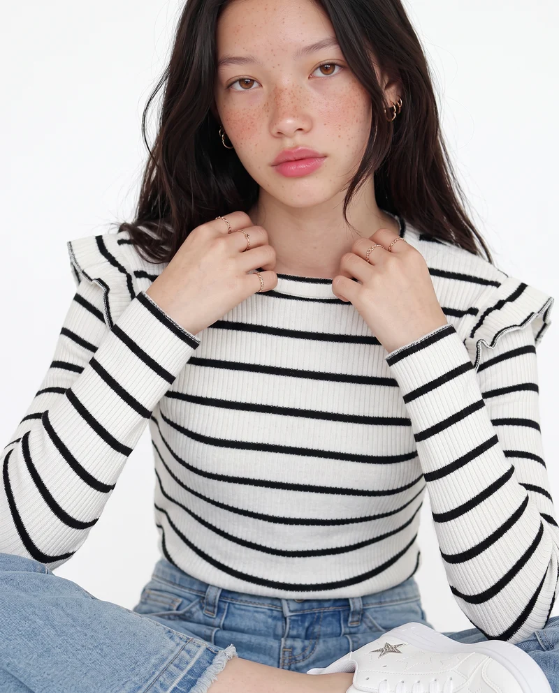 T-shirt a righe con rouches eleganti - Bianco-grigio