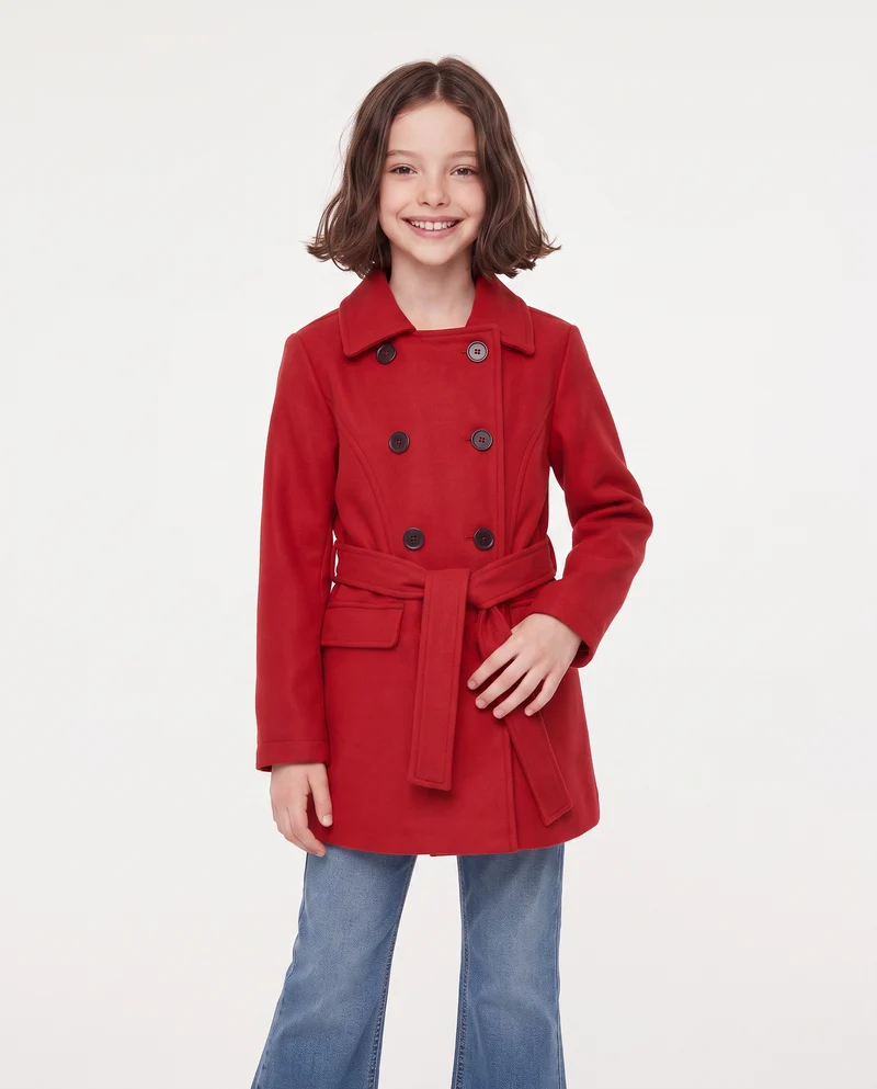 Cappotto in panno morbido con cintura - Rosso