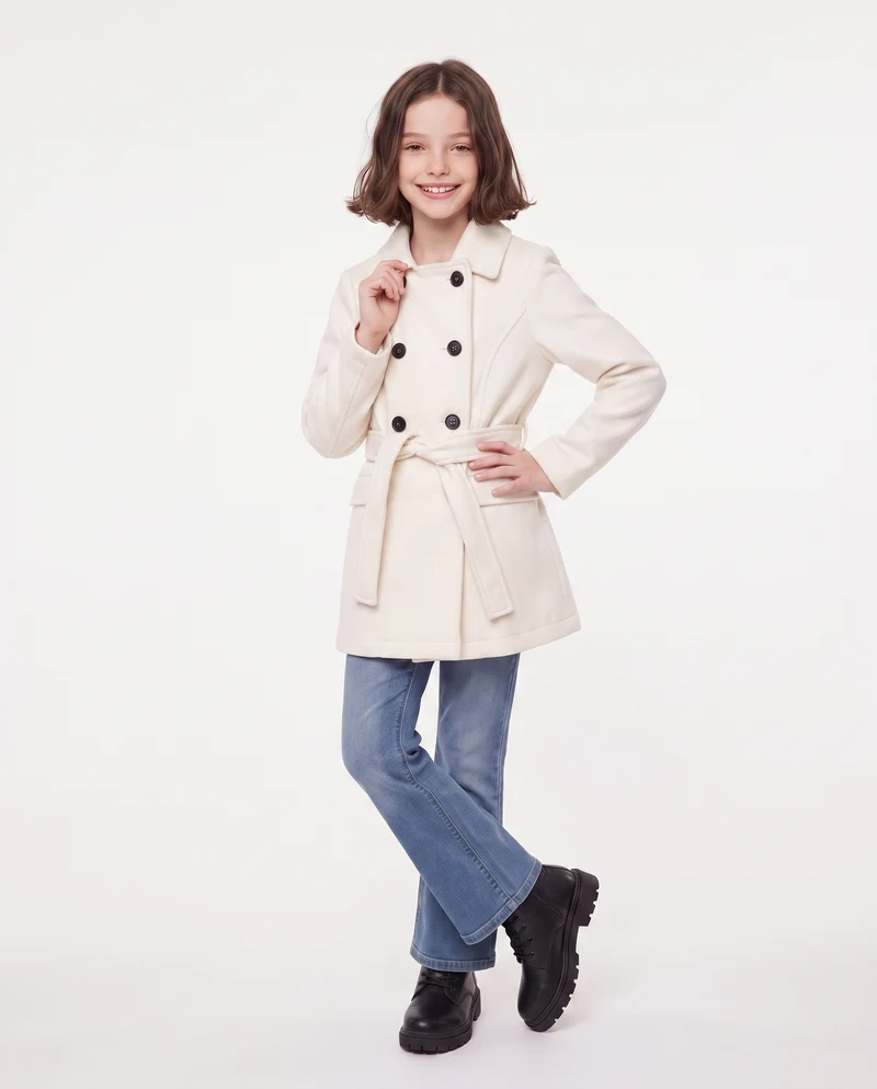 Cappotto in panno morbido con cintura - Bianco latte