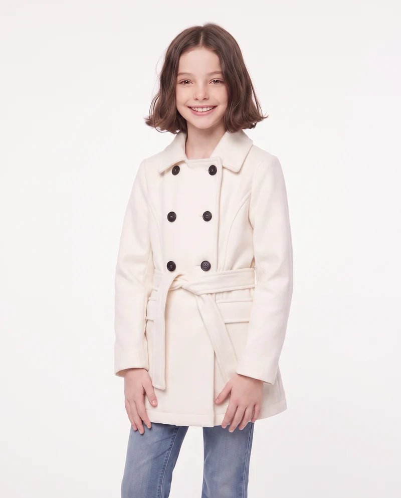 Cappotto in panno morbido con cintura - Bianco latte