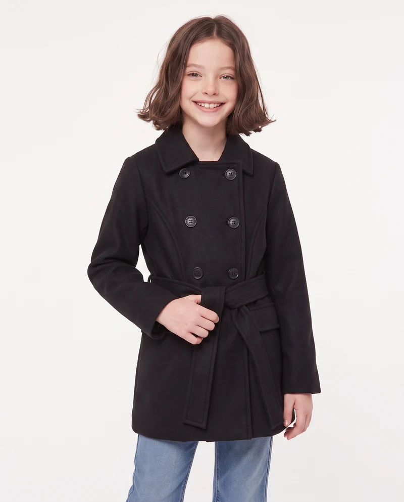Cappotto in panno morbido con cintura - Nero