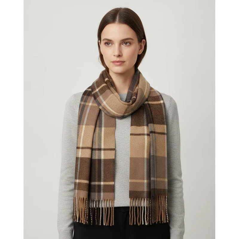 Sciarpa uomo con frange a quadroni - Beige