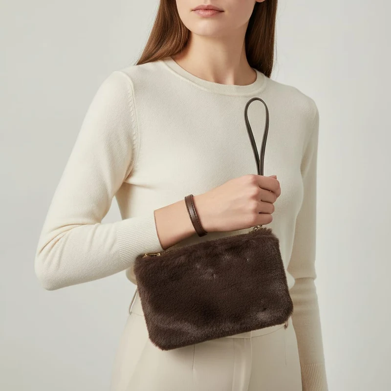 Pochette in finta pelliccia con maniglia - Marrone