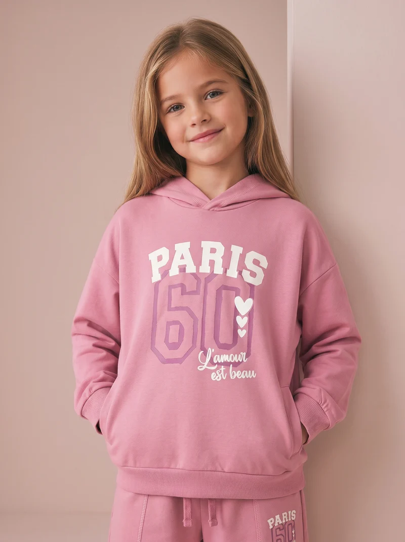 Felpa in cotone con cappuccio e stampa - Rosa candy