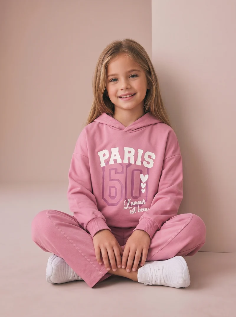 Felpa in cotone con cappuccio e stampa - Rosa candy