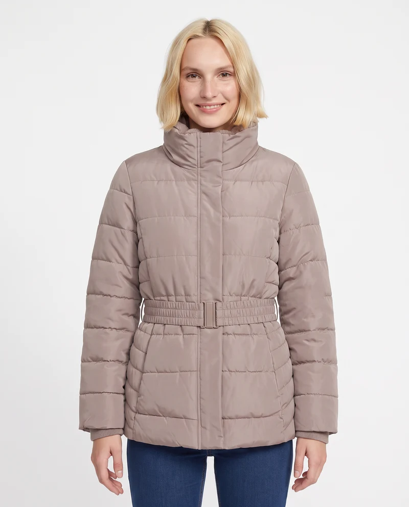 Giubbotto imbottito con cintura elastica - Grigio tortora
