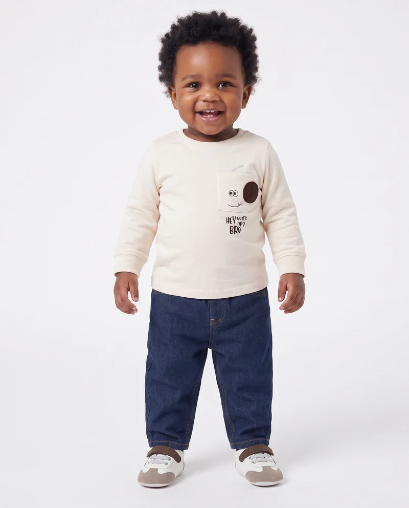 T-shirt girocollo con taschino e applicazione - Bianco latte