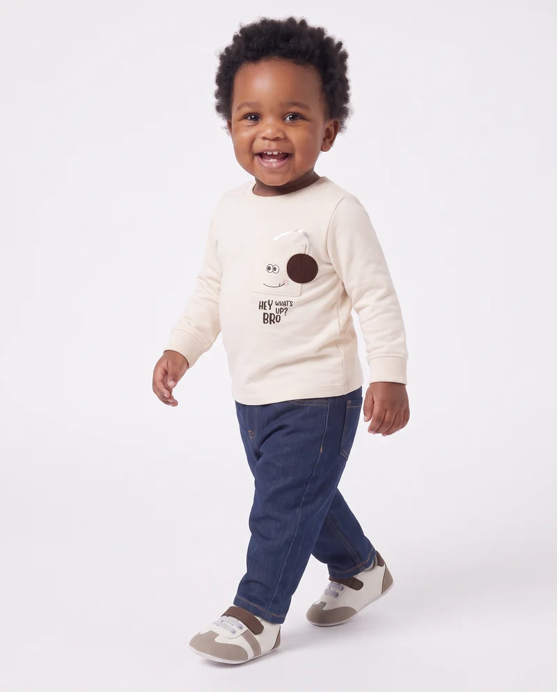 T-shirt girocollo con taschino e applicazione - Bianco latte