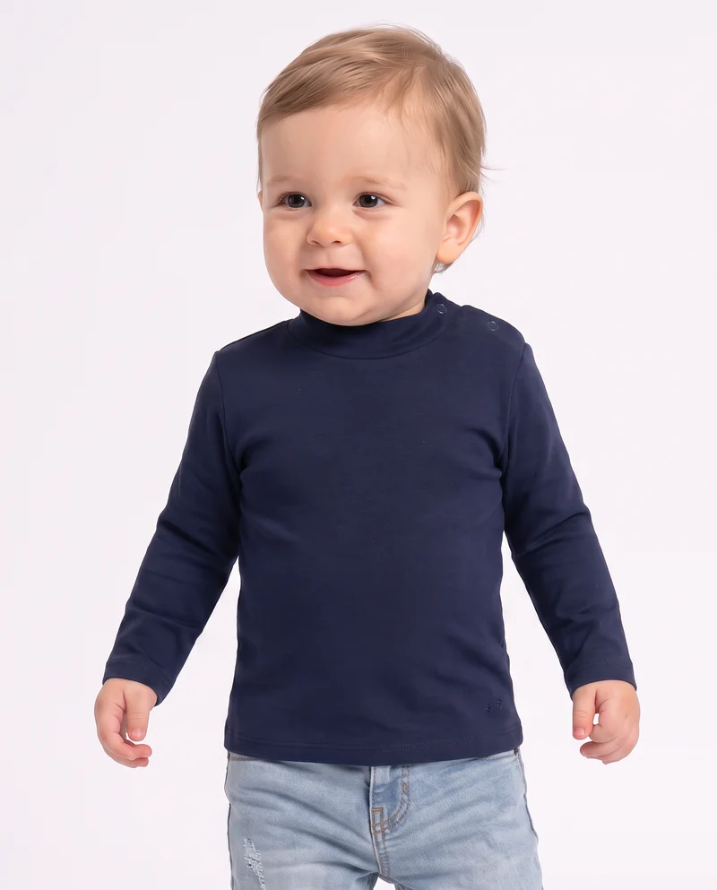 T-shirt interlock collo alto tinta unita - Blu
