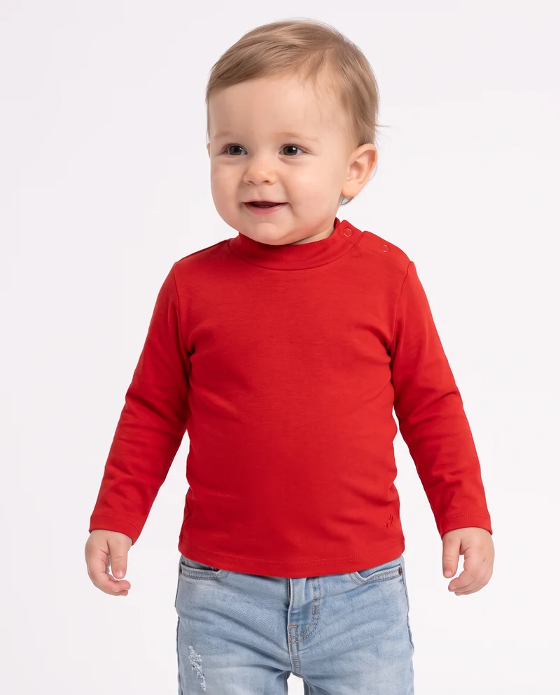 T-shirt interlock collo alto tinta unita - Rosso