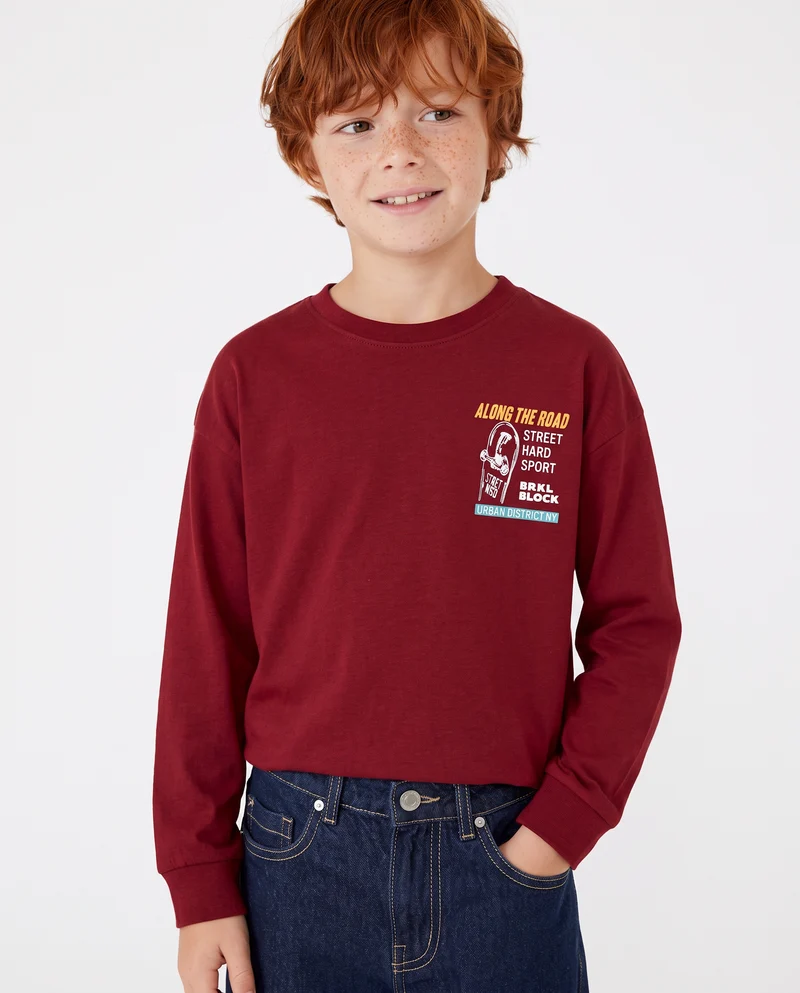 T-shirt manica lunga in caldo cotone - Bordeaux