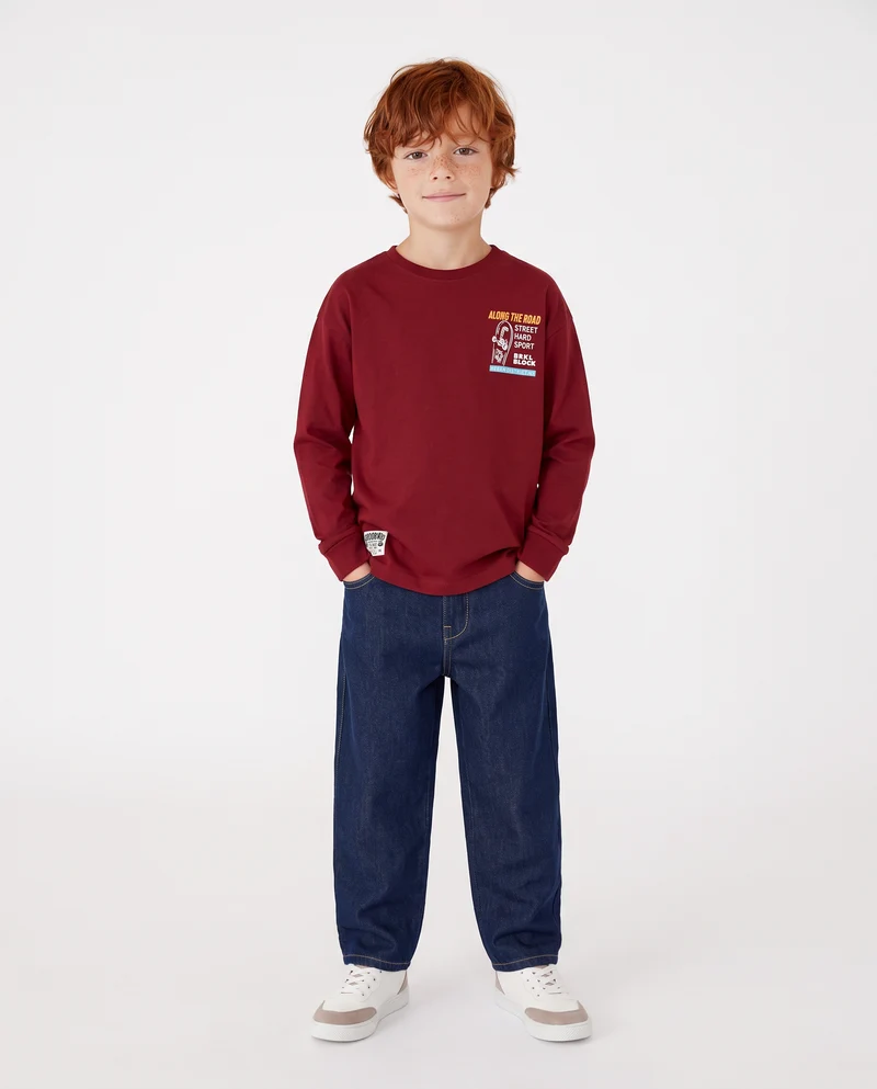 T-shirt manica lunga in caldo cotone - Bordeaux