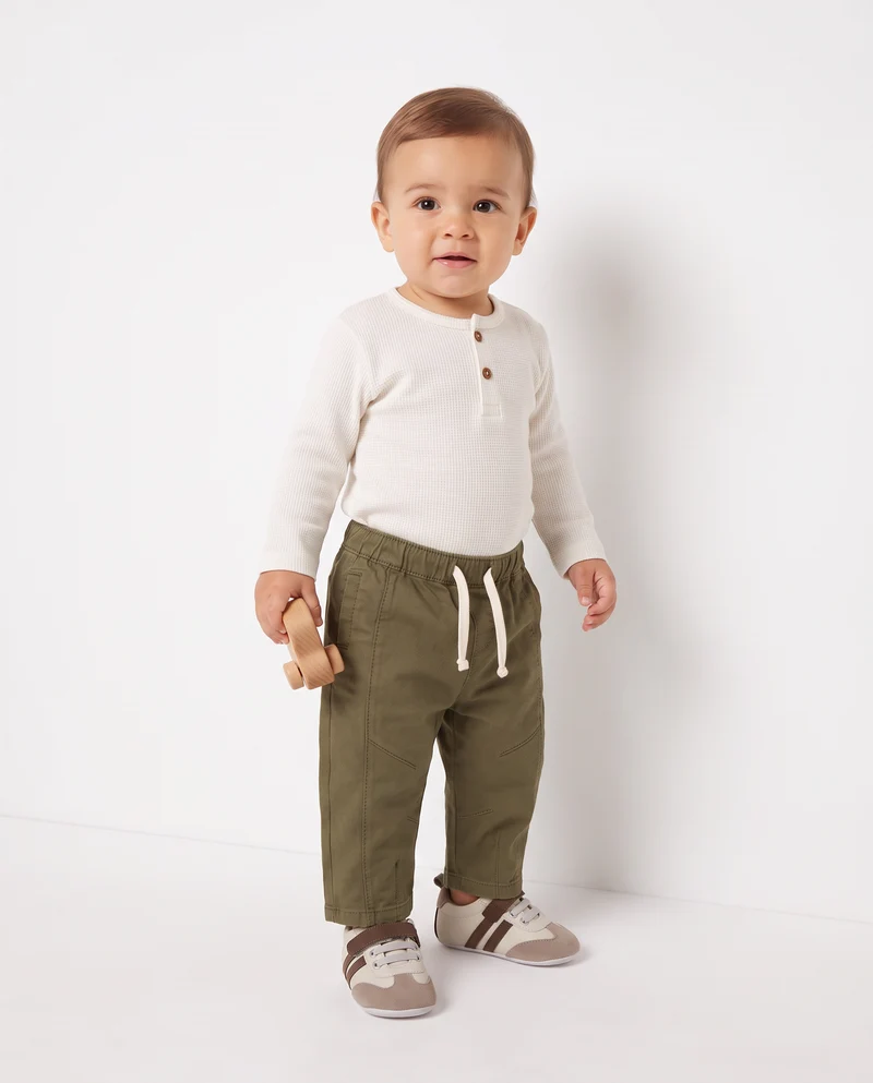 T shirt serafino manica lunga in waffle - Bianco latte