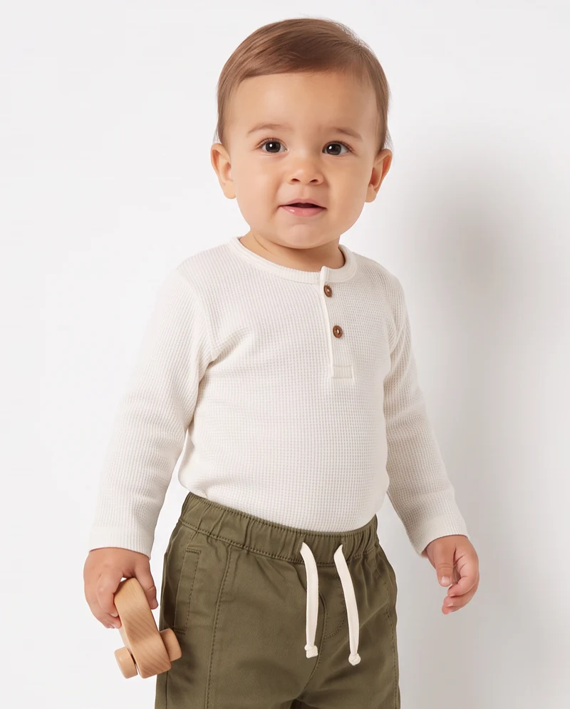 T shirt serafino manica lunga in waffle - Bianco latte