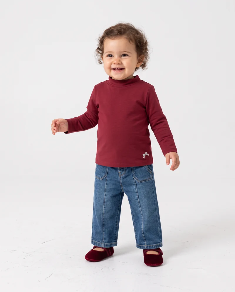 T-shirt basica collo alto manica lunga - Bordeaux