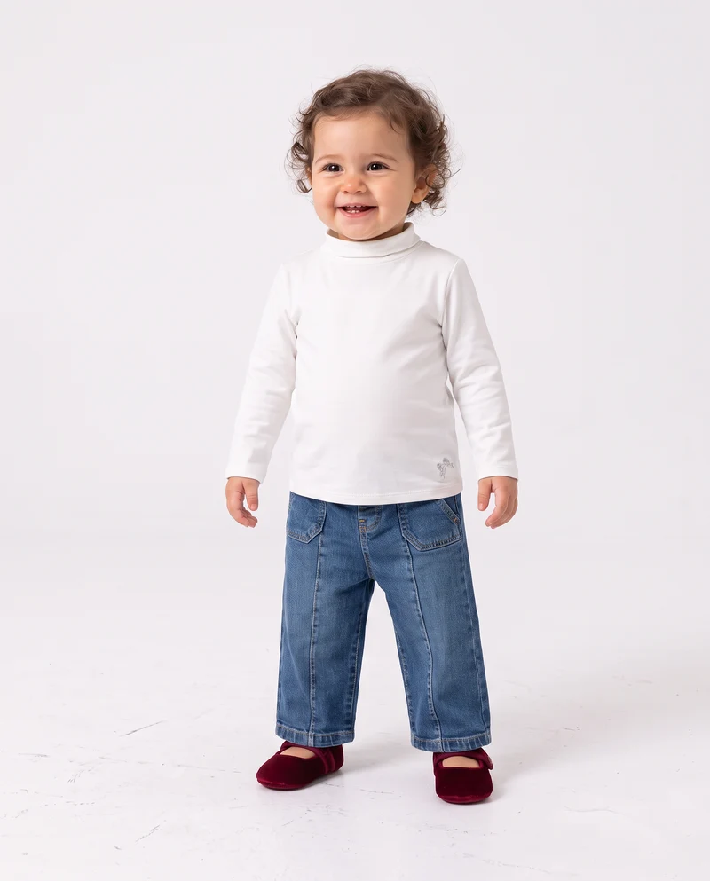T-shirt basica collo alto manica lunga - Bianco latte
