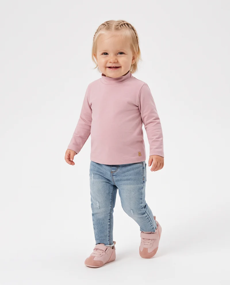 T-shirt collo alto manica lunga interlock - Rosa polvere