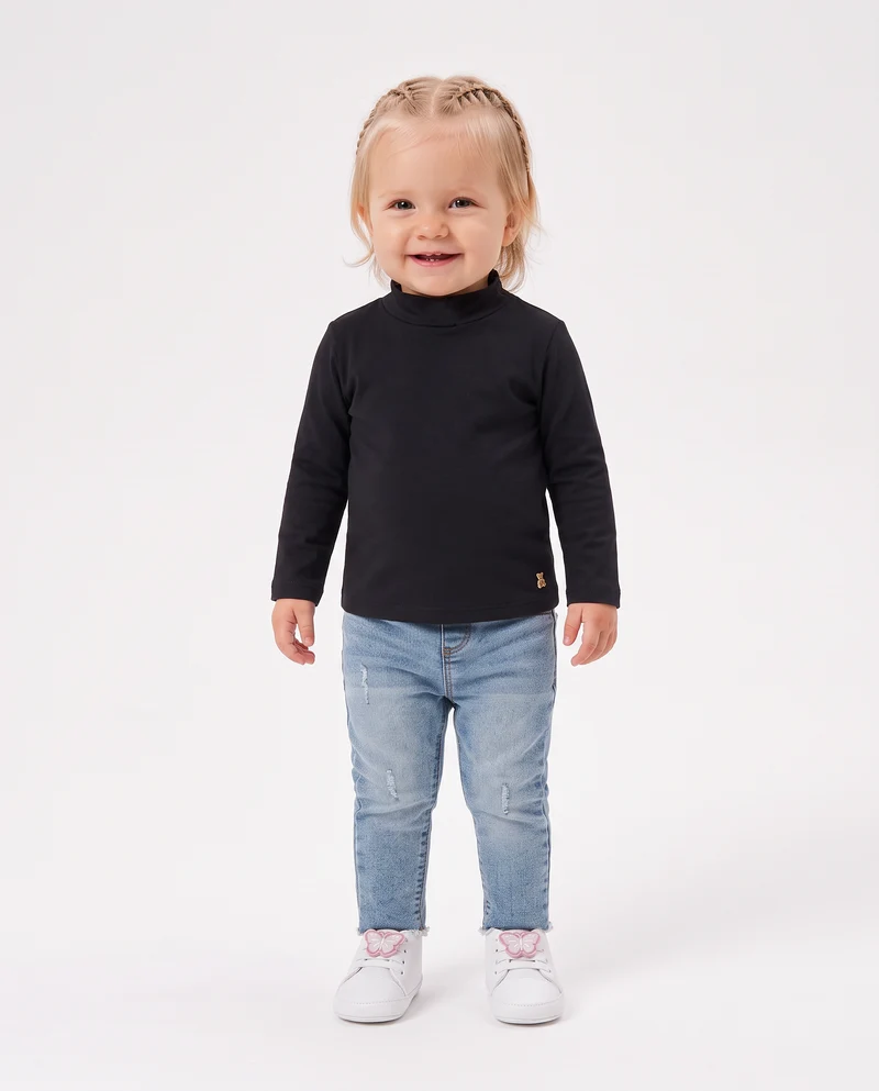 T-shirt collo alto manica lunga interlock - Nero