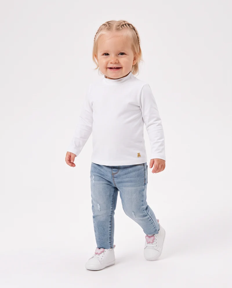 T-shirt collo alto manica lunga interlock - Bianco