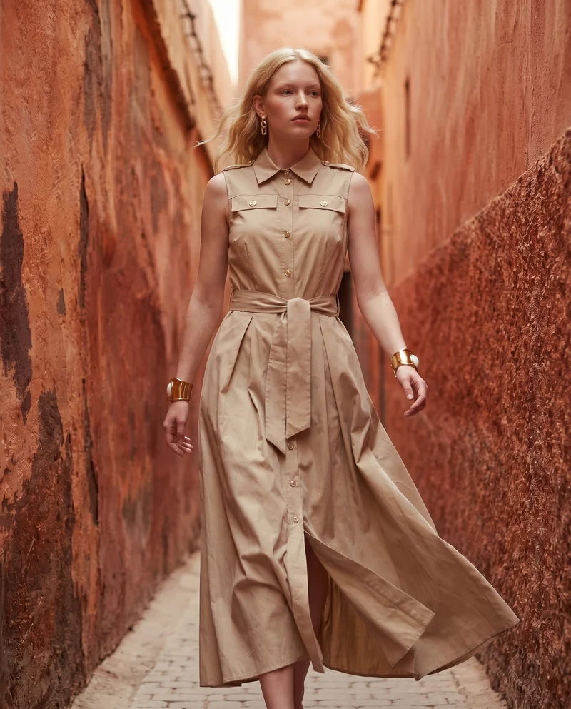 Abito lungo giromanica con cintura - Beige corda