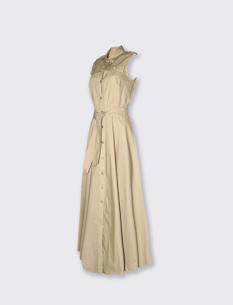 Abito lungo giromanica con cintura - Beige corda
