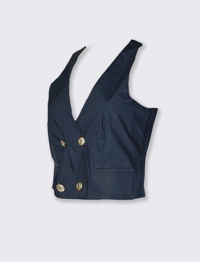 Top crop donna con tasche e bottoni - Blu