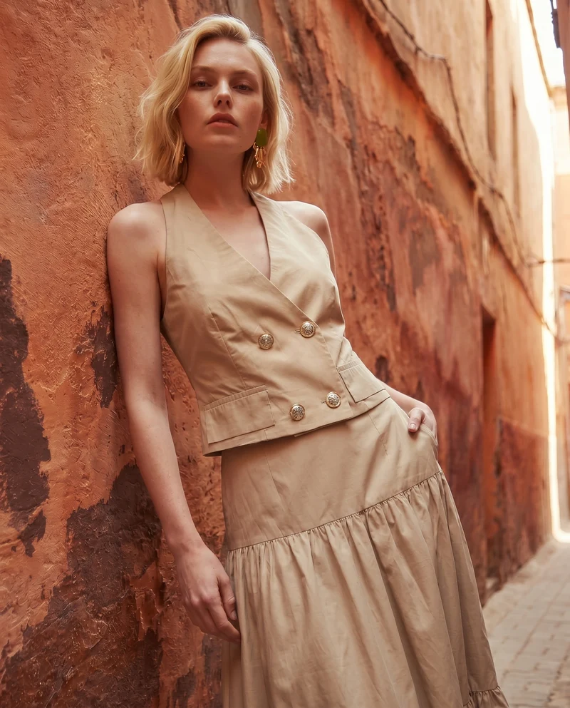 Gonna lunga con balze per ogni occasione - Beige corda