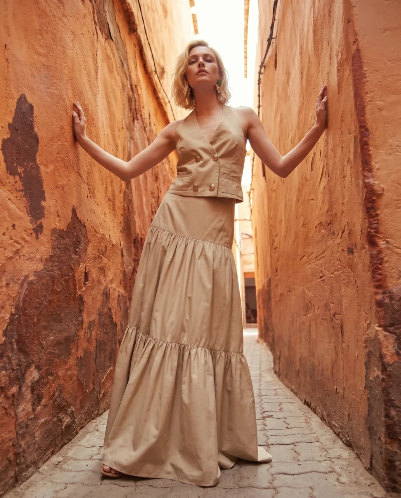 Gonna lunga con balze per ogni occasione - Beige corda