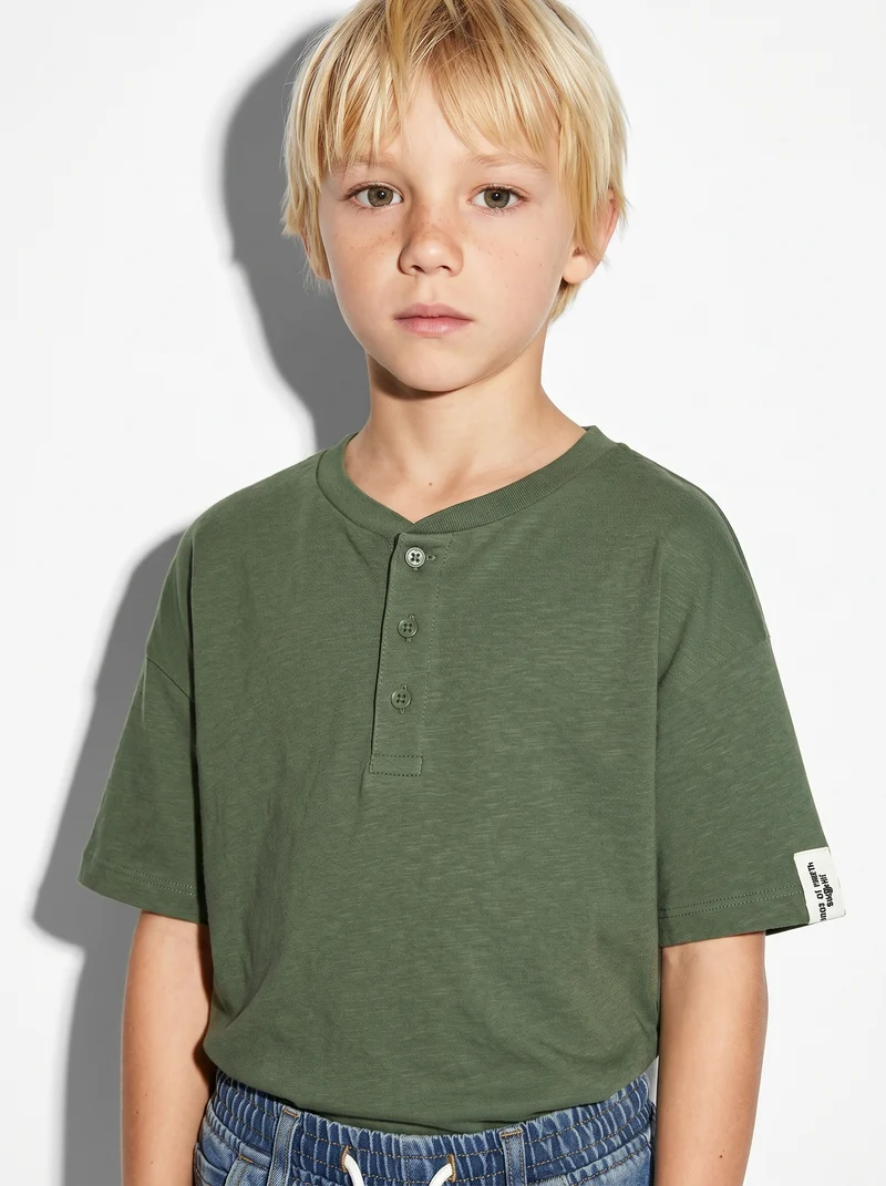 T-shirt Serafino in cotone mezza manica - Verde salvia