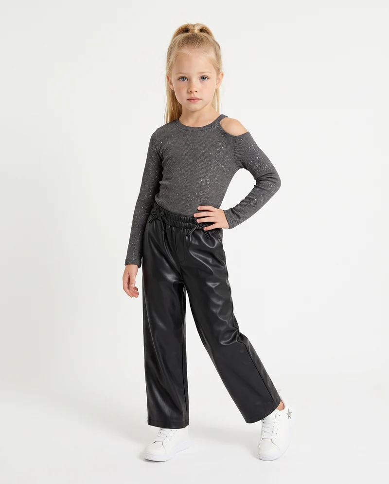 Pantaloni wide leg in finta pelle con tasche - Nero