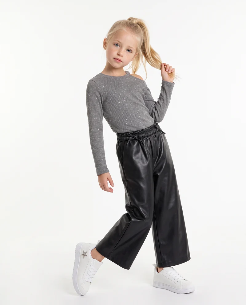 Pantaloni wide leg in finta pelle con tasche - Nero