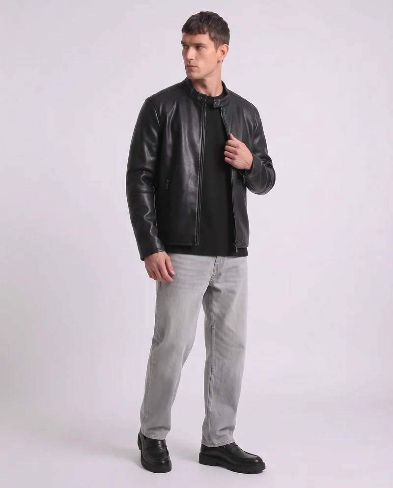 Giubbotto Biker Effetto Pelle con Collo - Nero