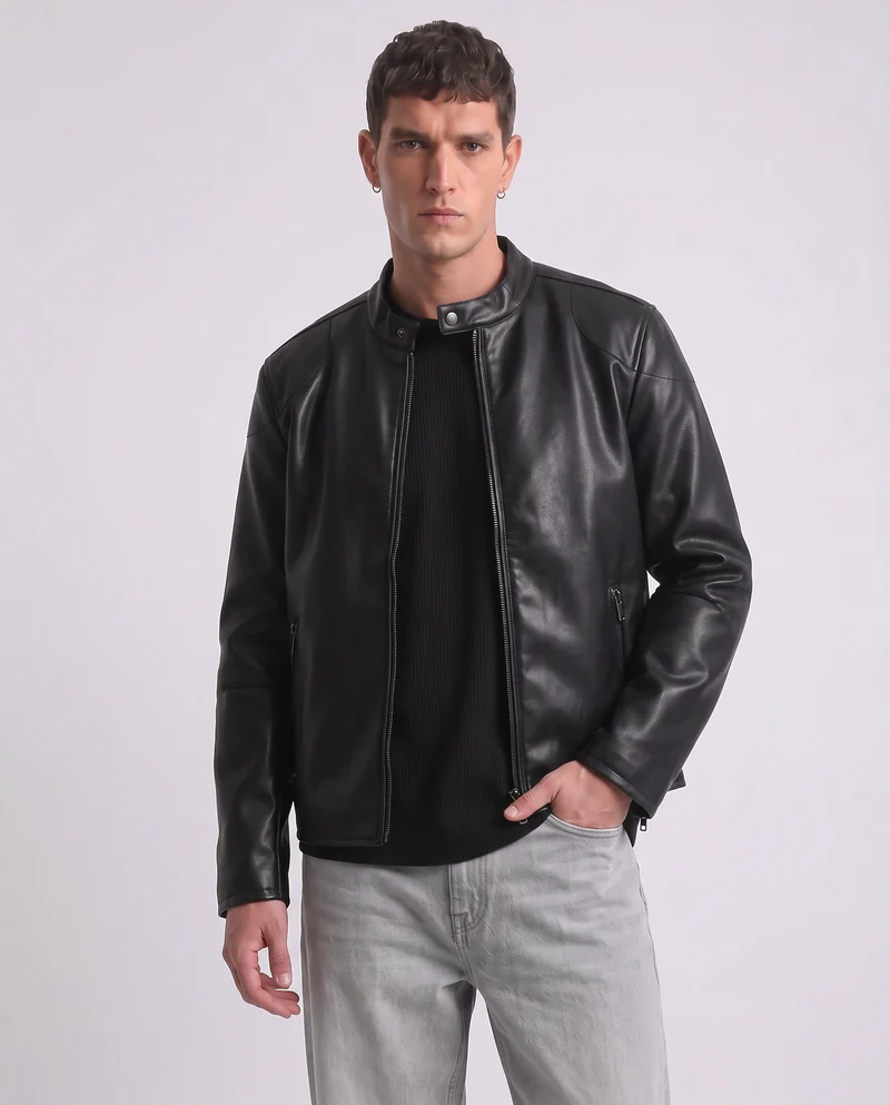 Giubbotto Biker Effetto Pelle con Collo - Nero