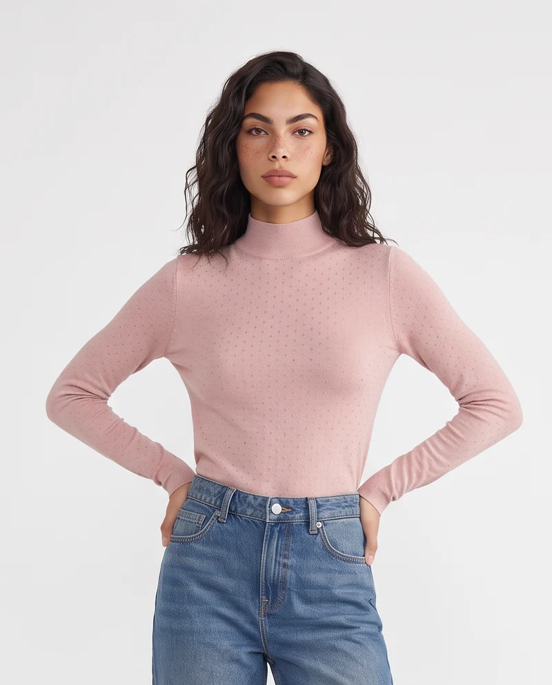 Maglia manica lunga mezzo collo - Rosa polvere