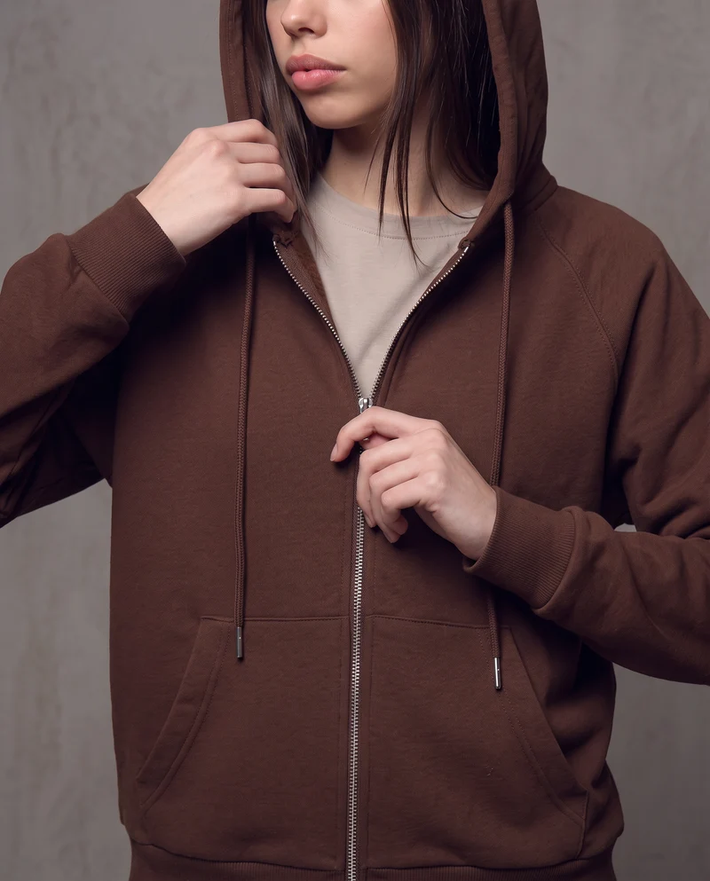 Felpa con cappuccio e zip ampia - Marrone cioccolato