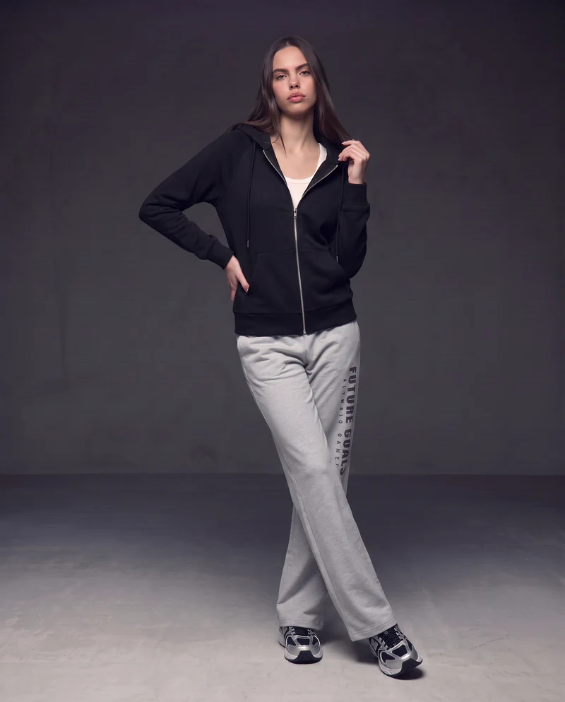 Felpa con cappuccio e zip ampia - Nero