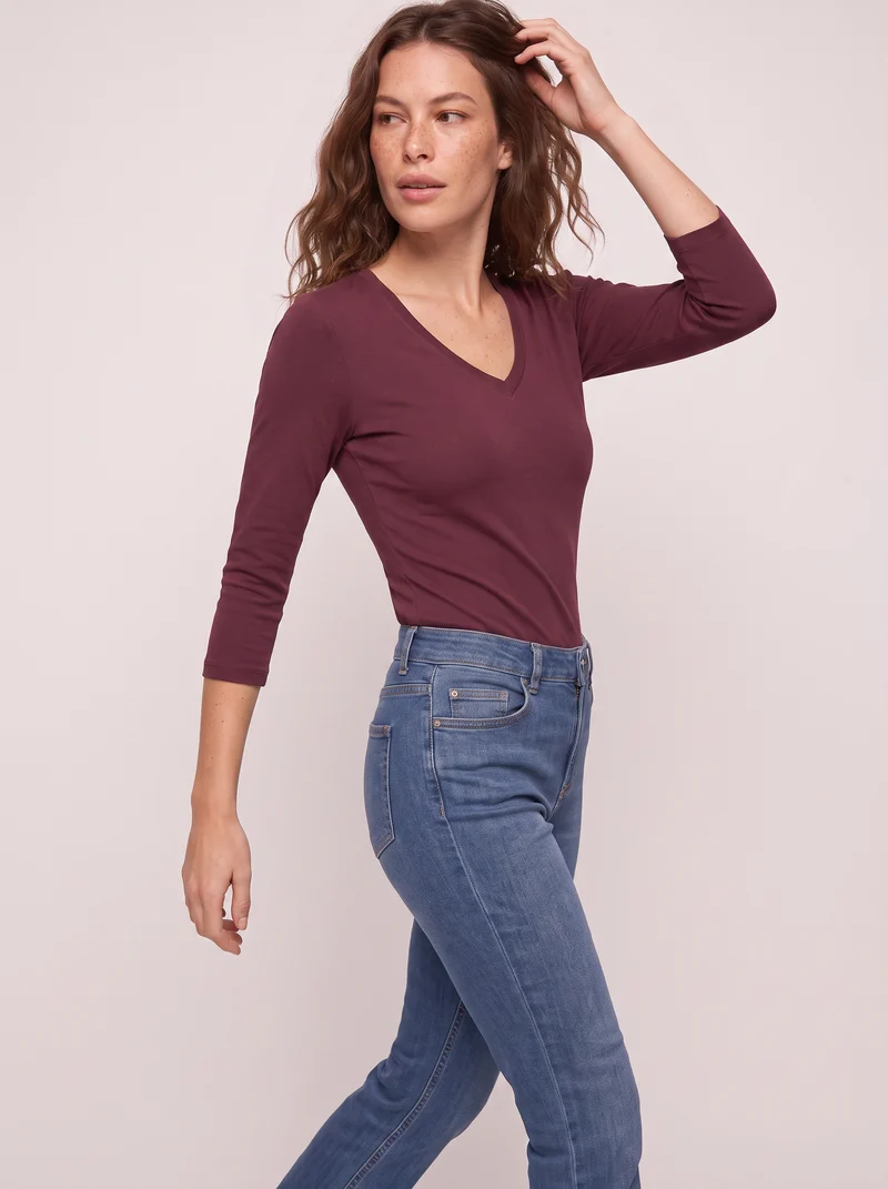 T-shirt a costine con scollo a V - Viola prugna