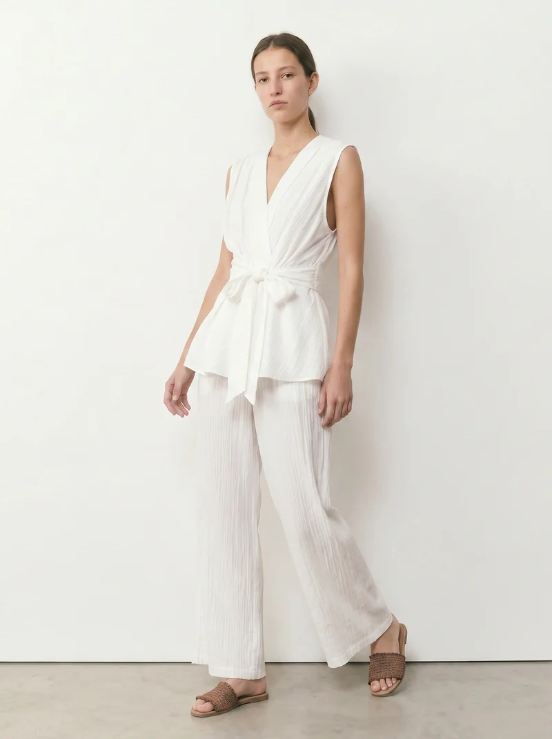 Top giromanica scollo a v con fiocco donna - Bianco
