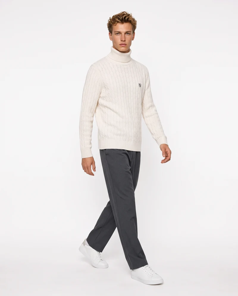 Maglia dolcevita a trecce con ricamo - Beige ecru