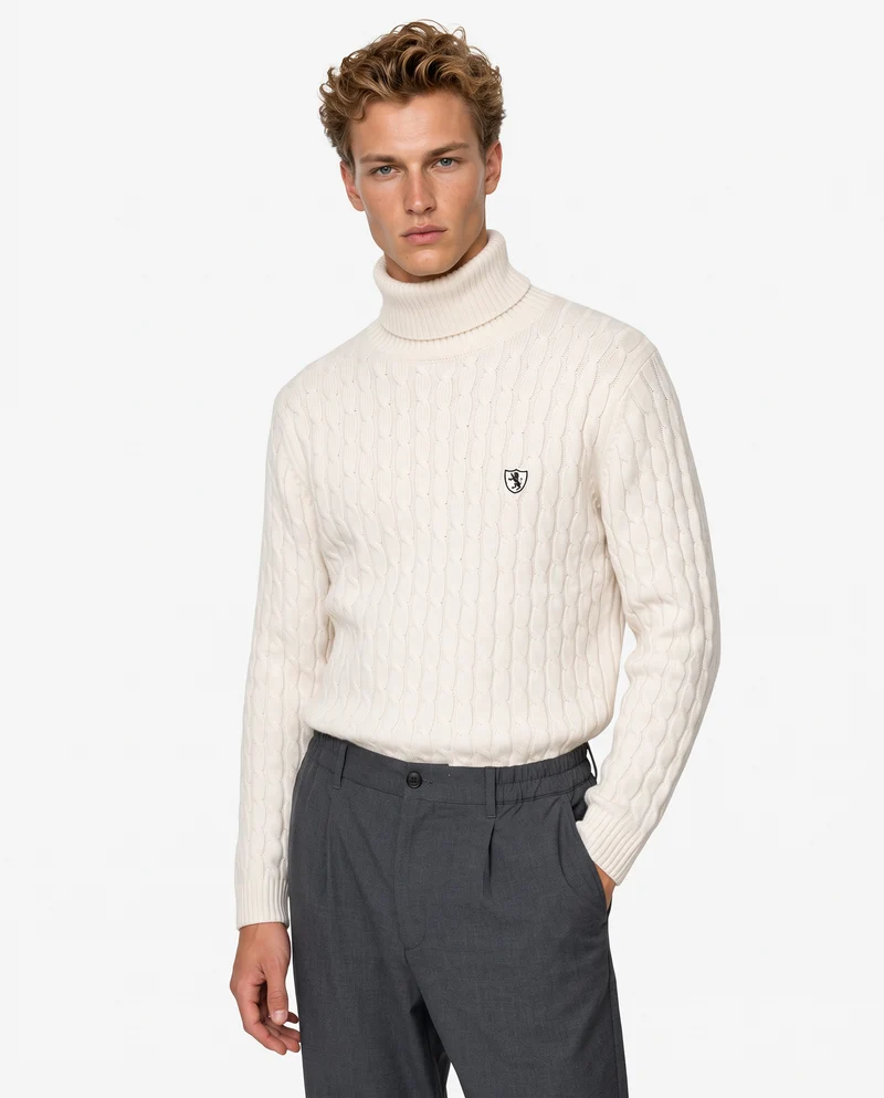 Maglia dolcevita a trecce con ricamo - Beige ecru