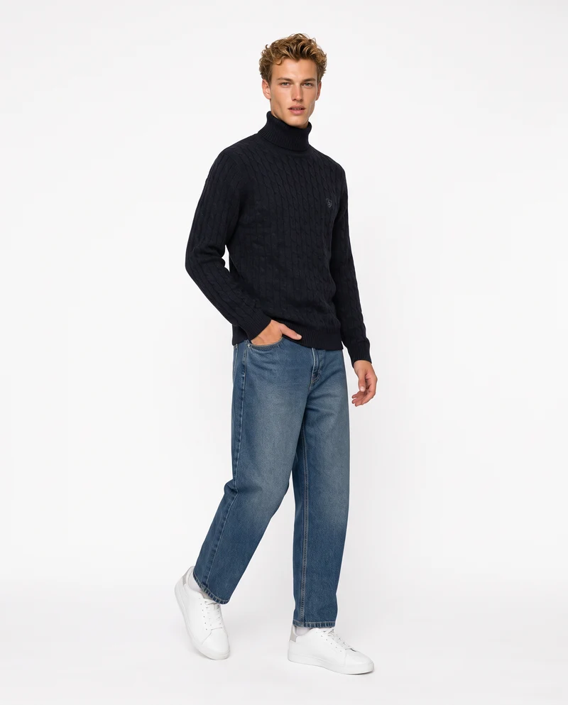 Maglia dolcevita a trecce con ricamo - Blu