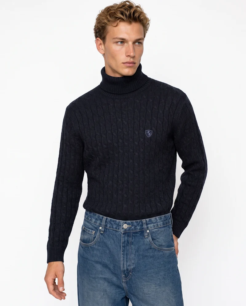 Maglia dolcevita a trecce con ricamo - Blu